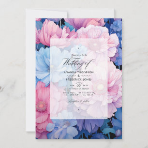 Weich-rosa-blaue Blütenhochzeit Einladung