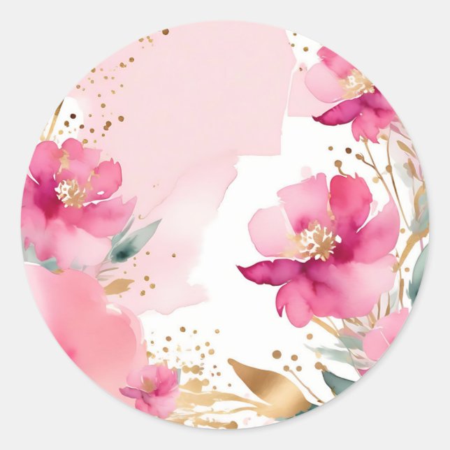 Weich rosa Blume mit Gold Runder Aufkleber (Vorderseite)