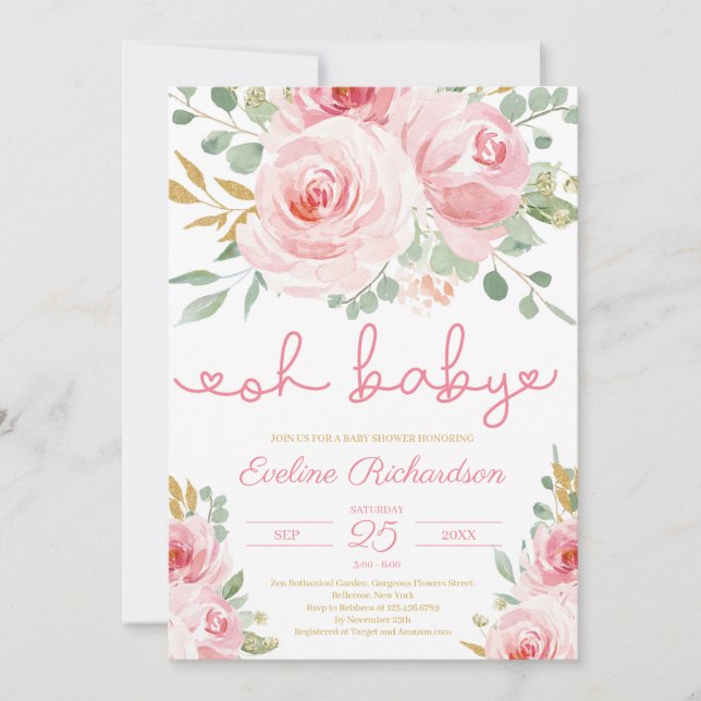 Weich rosa Blumen und goldfarbener Glitzer oh Baby Einladung (Vorderseite)