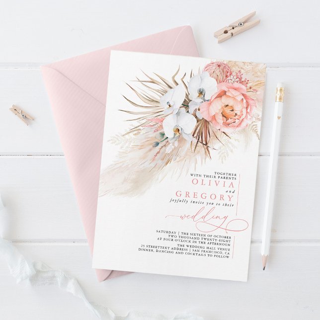 Weich rosa Blumenpampas Tropische Hochzeit Einladung (Von Creator hochgeladen)