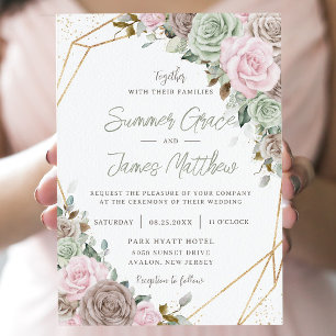 Weich-rosa-braune Sage Green-Floral-Gold-Hochzeit Einladung