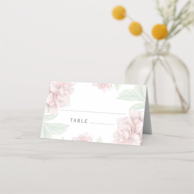 Weich rosa Flora Eleganter Weißer Garten Hochzeit Platzkarte (Vorderseite)