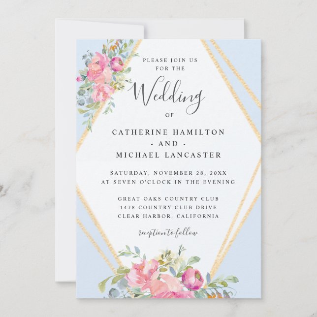 Weich rosa Floral Gold Rahmen Wasserfarbe Hochzeit Einladung (Vorderseite)