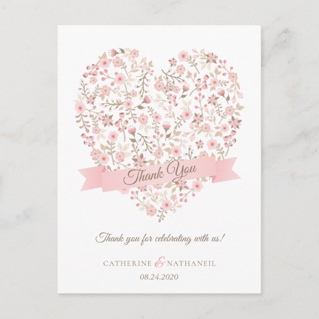 Weich rosa florales Herz Hochzeit Vielen Dank Postkarte (Vorderseite)