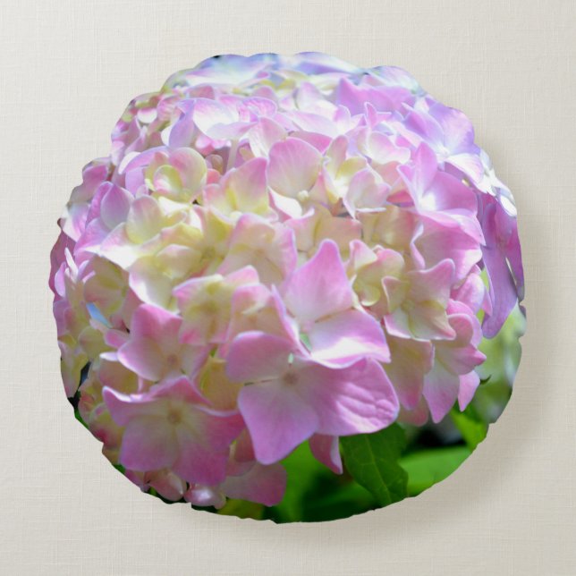 Weich-rosa-gelbe lila Hydrangeas-Blume Rundes Kissen (Vorderseite)