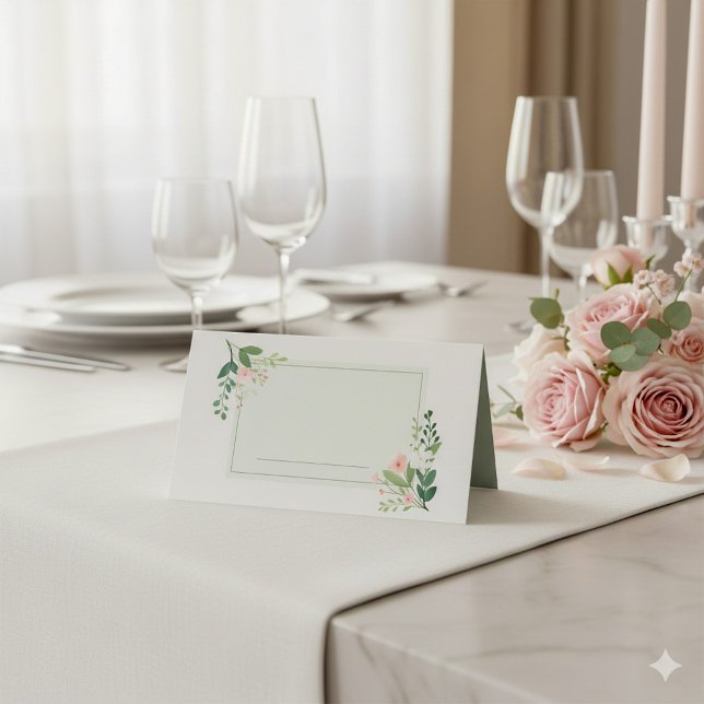Weich rosa Grünpflanzen Platzkarte Blumenbezeichnu (Pretty soft green flowery border wedding table name place card.)