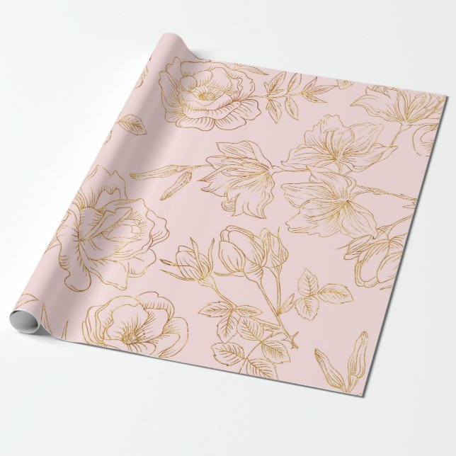 Weich Rosa, mit Gold umrissenen Rosen Geschenkpapier (Ungerollt)