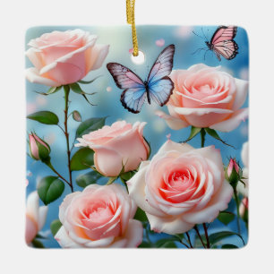Weich rosa Rose Blume Blauer Schmetterling Keramikornament