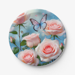 Weich rosa Rose Blume Blauer Schmetterling Pappteller