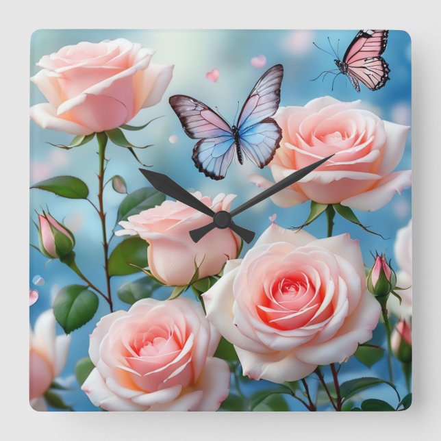 Weich rosa Rose Blume Blauer Schmetterling Quadratische Wanduhr (Vorderseite)