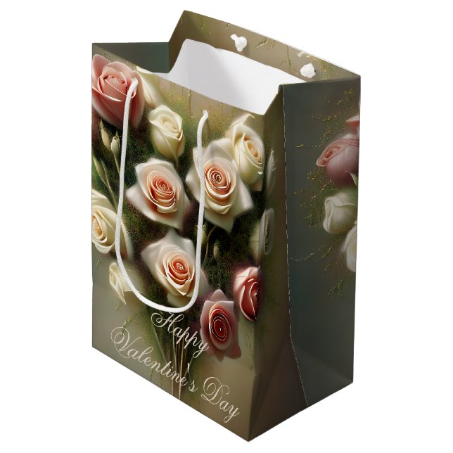 Weich rosa Rosen Herzbukett Valentin Mittlere Geschenktüte (Vorderseite Schrägansicht)