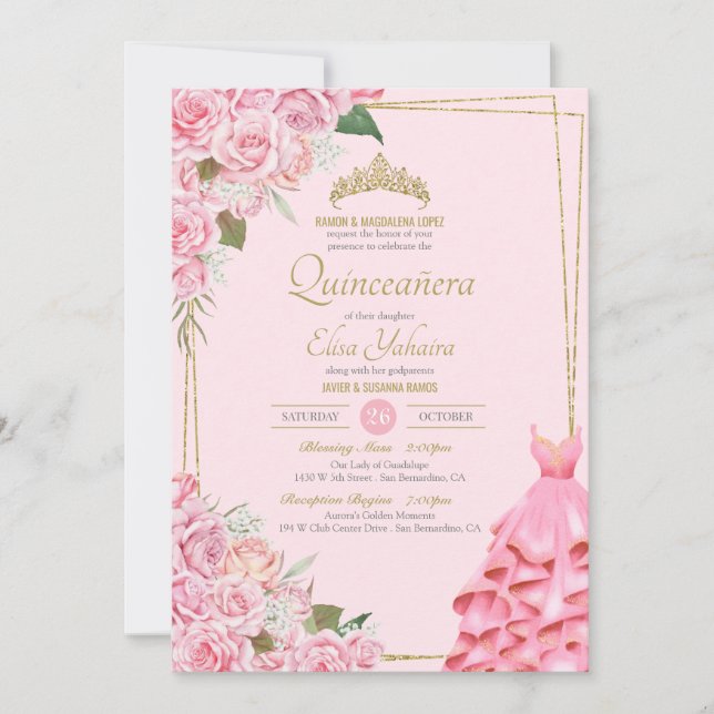 Weich rosa Rosen Rose Blush und Gold Floral Quince Einladung (Vorderseite)