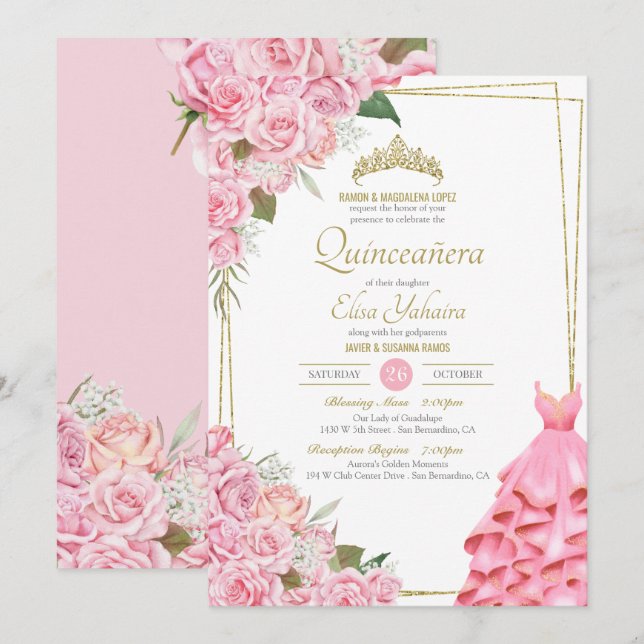 Weich rosa Rosen Rose Blush und Gold Floral Quince Einladung (Vorne/Hinten)