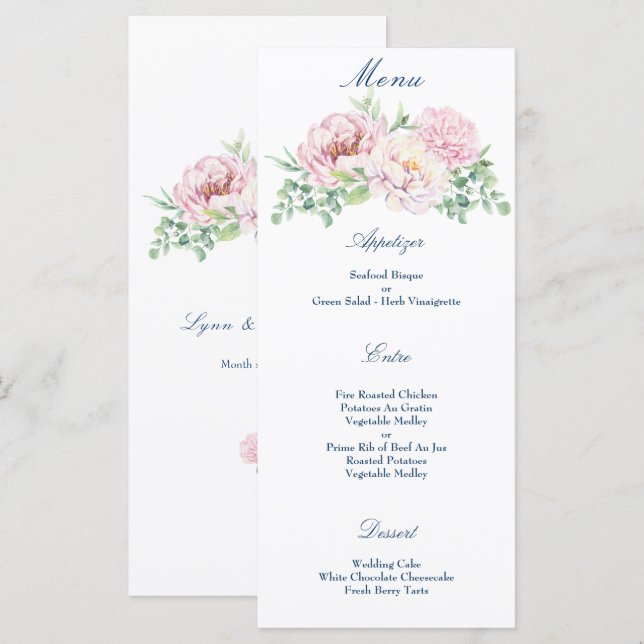 Weich rosa Rosen Rosen Elegante Blumenhochzeit Menükarte (Vorne/Hinten)