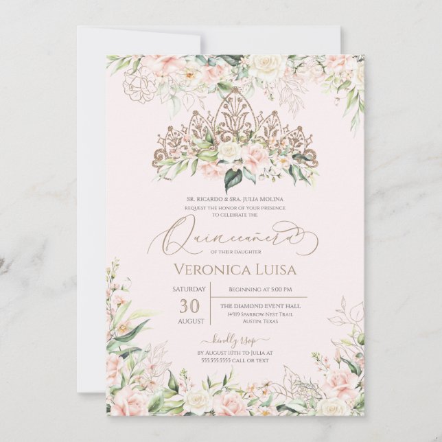 Weich rosa und weiße Rosen Elegant Luxus Quinceane Einladung (Vorderseite)
