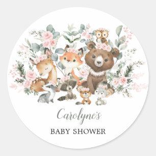 Weich rosa Waldtiere Eukalyptus Baby Dusche Runder Aufkleber