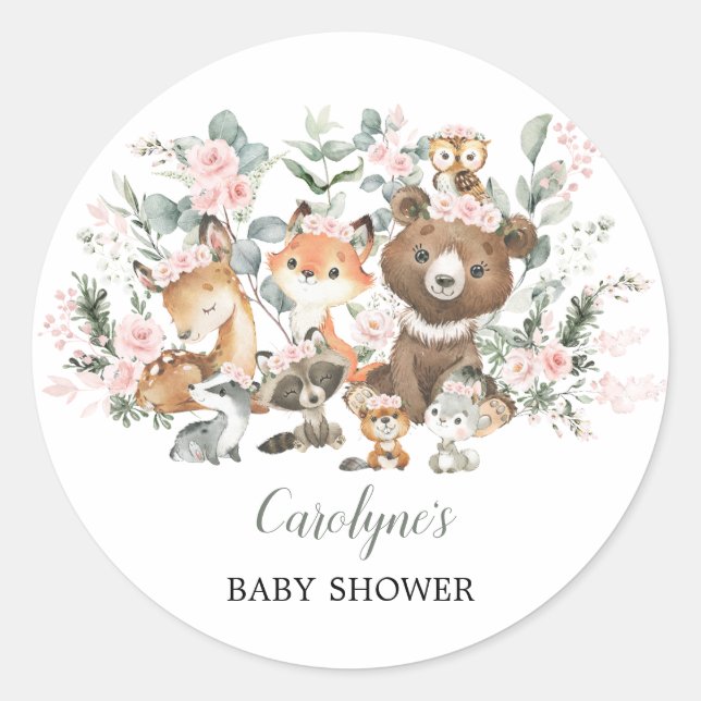 Weich rosa Waldtiere Eukalyptus Baby Dusche Runder Aufkleber (Vorderseite)