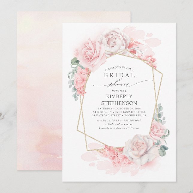 Weich rosafarbenes, florales Elegantes Brautparty Einladung (Vorne/Hinten)