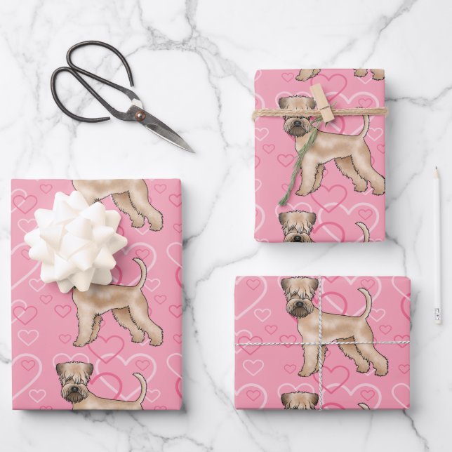 Weich überzogener Hund Terrier Hund Herzmuster Ros Geschenkpapier Set (Vorderseite)