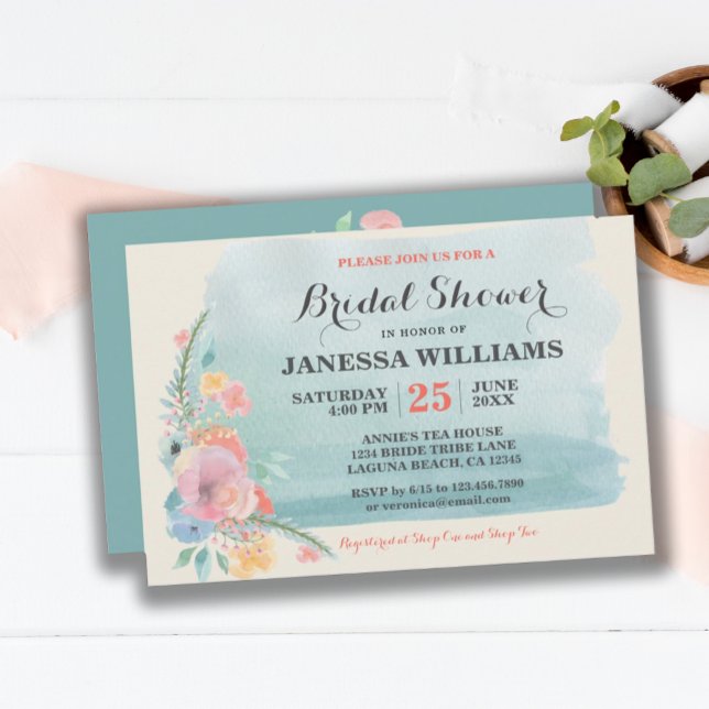 Weich und süß Aquamarines rosa Boho Brautparty Einladung (SWEET TEAL PINK BOHO FLORAL BRIDAL SHOWER INVITATION)