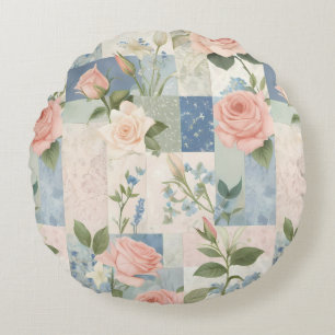 Weich zartes, blumenrosa und blaues Patchwork Rundes Kissen