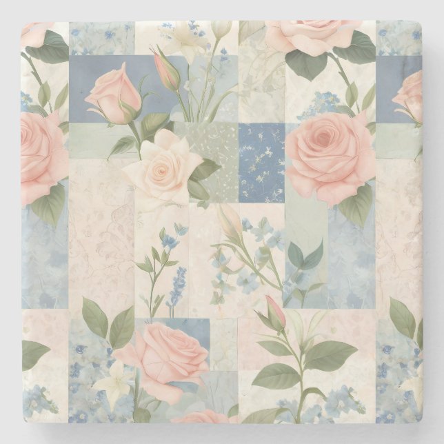 Weich zartes, blumenrosa und blaues Patchwork Steinuntersetzer (Vorderseite)