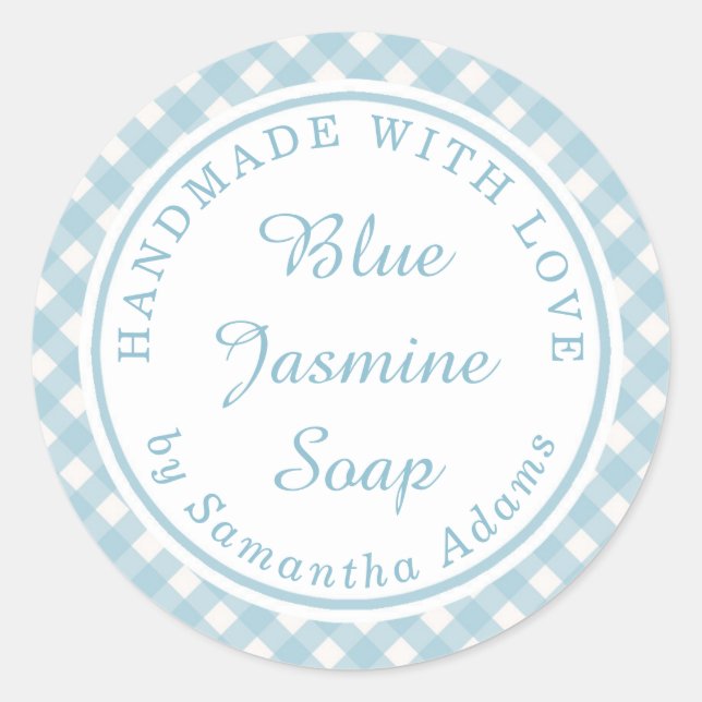 Weichblau Karierte Handarbeit mit Liebe Runder Aufkleber (Vorderseite)