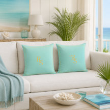 Weiche Aqua-Blau-Gold-Monogramm-Wurfkissen