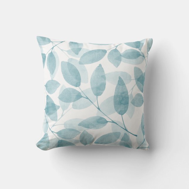 Weiche Aquamarine Aquarell-Blätter Kissen (Vorderseite)