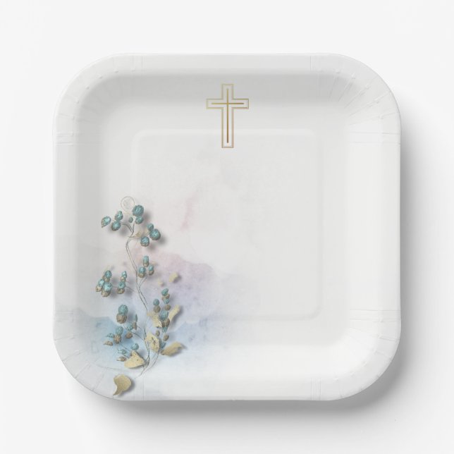 Weiche Aquarellfarben und goldfarbene Teller (Vorderseite)