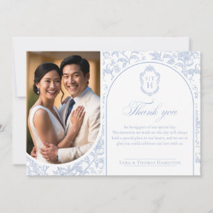 Weiche Blaue Florale Chinoiserie Monogramm Hochzei Dankeskarte