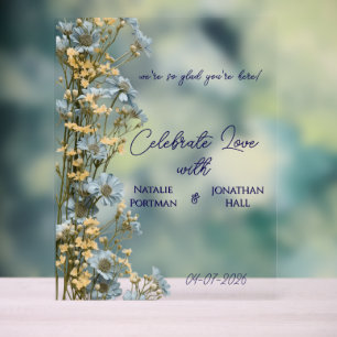 Weiche blaue florale Hochzeits-Willkommensschild Acrylschild