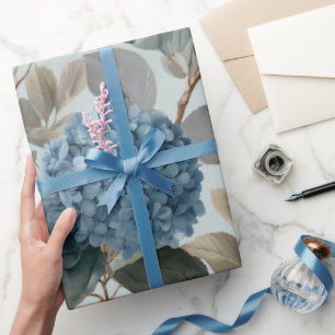 Weiche Blaue Hortensie Graues Blumenmuster Geschenkpapier