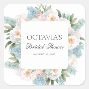 WEICHE BLAUE ROSA BLÜHENDE BLUMEN BRAUTMONOGRAMM QUADRATISCHER AUFKLEBER