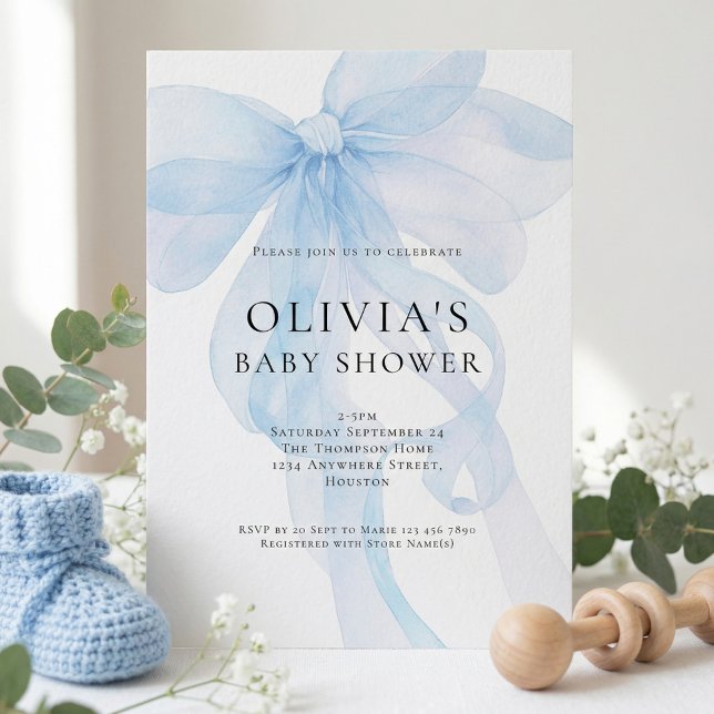Weiche Blaue Schleife Text Überlagerung Baby Showe Einladung (Von Creator hochgeladen)