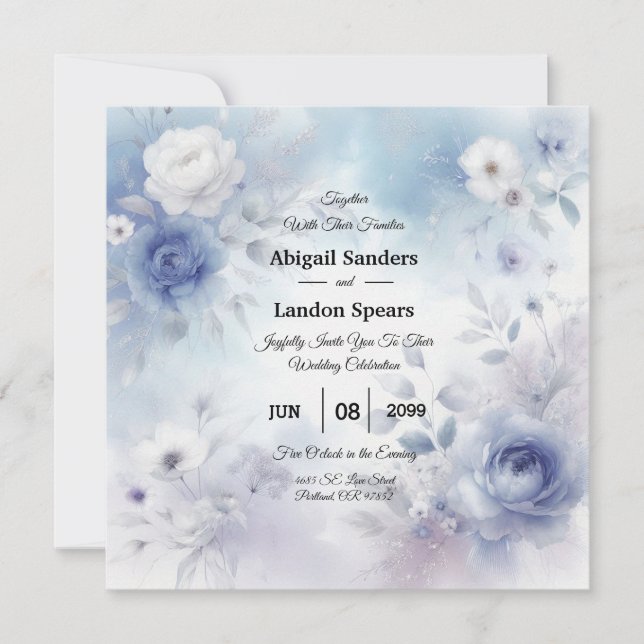 Weiche Blüten und Lavendel-Mist-Hochzeit Einladung (Vorderseite)