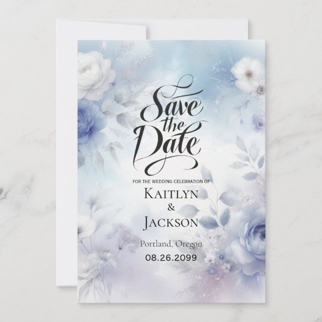 Weiche Blüten und Lavendel-Mist-Hochzeit Save The Date (Vorderseite)