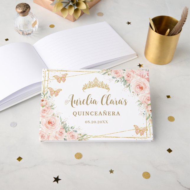 Weiche Blütenpink-Blütenschmetterlinge Quinceanera Gästebuch (Vorderseite Offen)