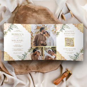 Weiche Creme-Rosen Gold-Spitze QR-Code Hochzeit Dreifach Gefaltete Einladung