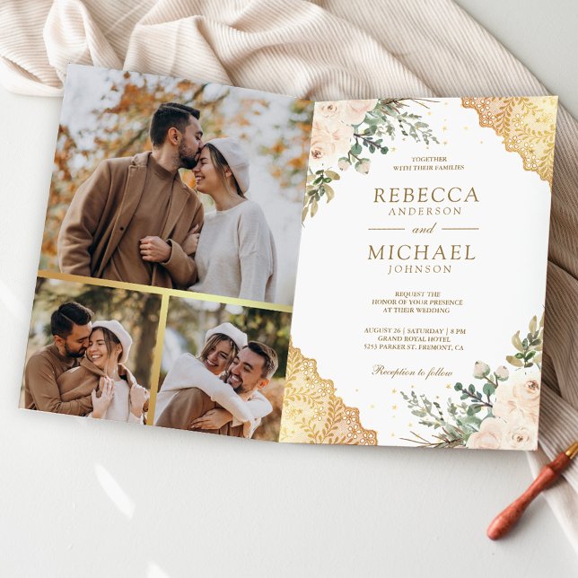 Weiche Creme-Rosen Gold-Spitze QR-Code Hochzeit Einladung (Von Creator hochgeladen)