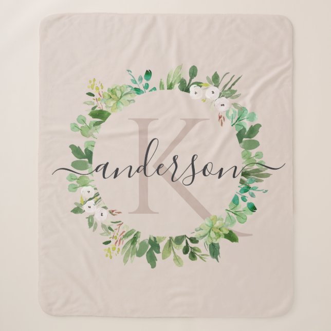 WEICHE ERRÖTEN ROSA KRANZ-LAUB-AQUARELL-MONOGRAMM SHERPADECKE (Vorderseite)