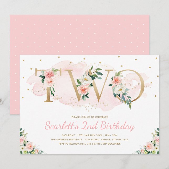 Weiche erröten Rosa und Goldblumen2. Geburtstag Einladung (Vorne/Hinten)