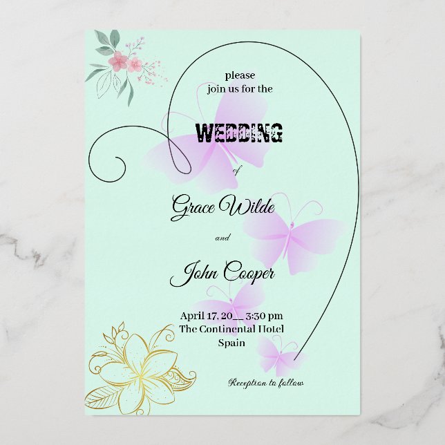 Weiche Farbe mit Blumen- und Schmetterlingsdesign Folieneinladung (Vorderseite)