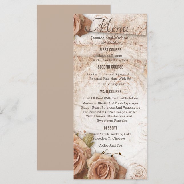 Weiche farbige Rose Hochzeit Menükarte (Vorne/Hinten)