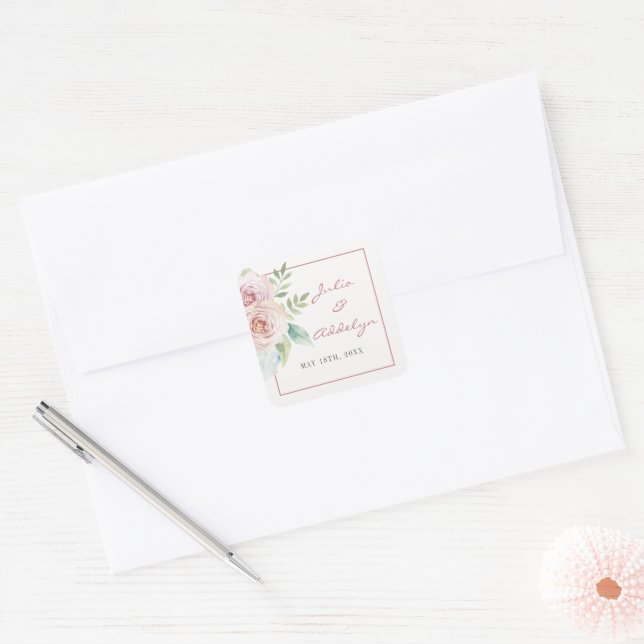 Weiche florale Romantische Vegetation Pink Mauve W Quadratischer Aufkleber (Umschlag)