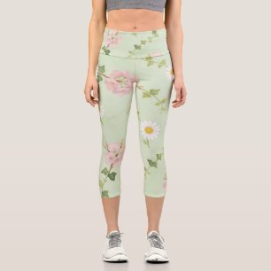 Weiche Frühlingsblüten- und Gänseblümchen gemuster Capri Leggings