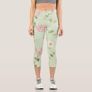 Weiche Frühlingsblüten- und Gänseblümchen gemuster Capri Leggings