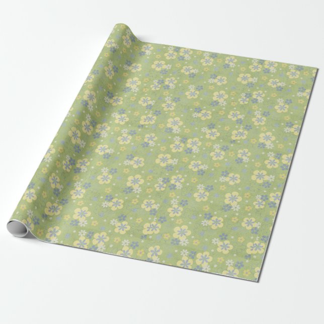 Weiche, grüne und blaue Blumenmuster Geschenkpapier (Ungerollt)