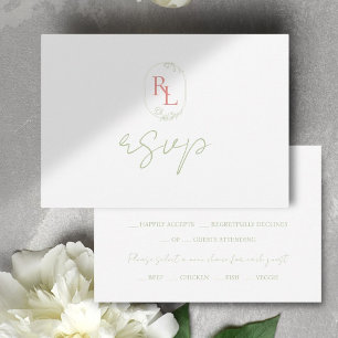 Weiche grüne und korallenfarbene Monogramm-Hochzei RSVP Karte