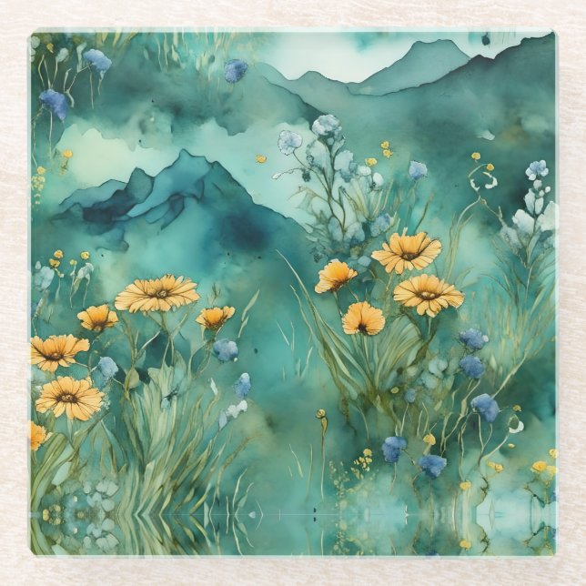 Weiche grüne Wildblumen Glasuntersetzer (Vorderseite)